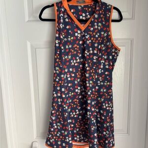 Navy Floral Sleeveless Dress with Orange Trim